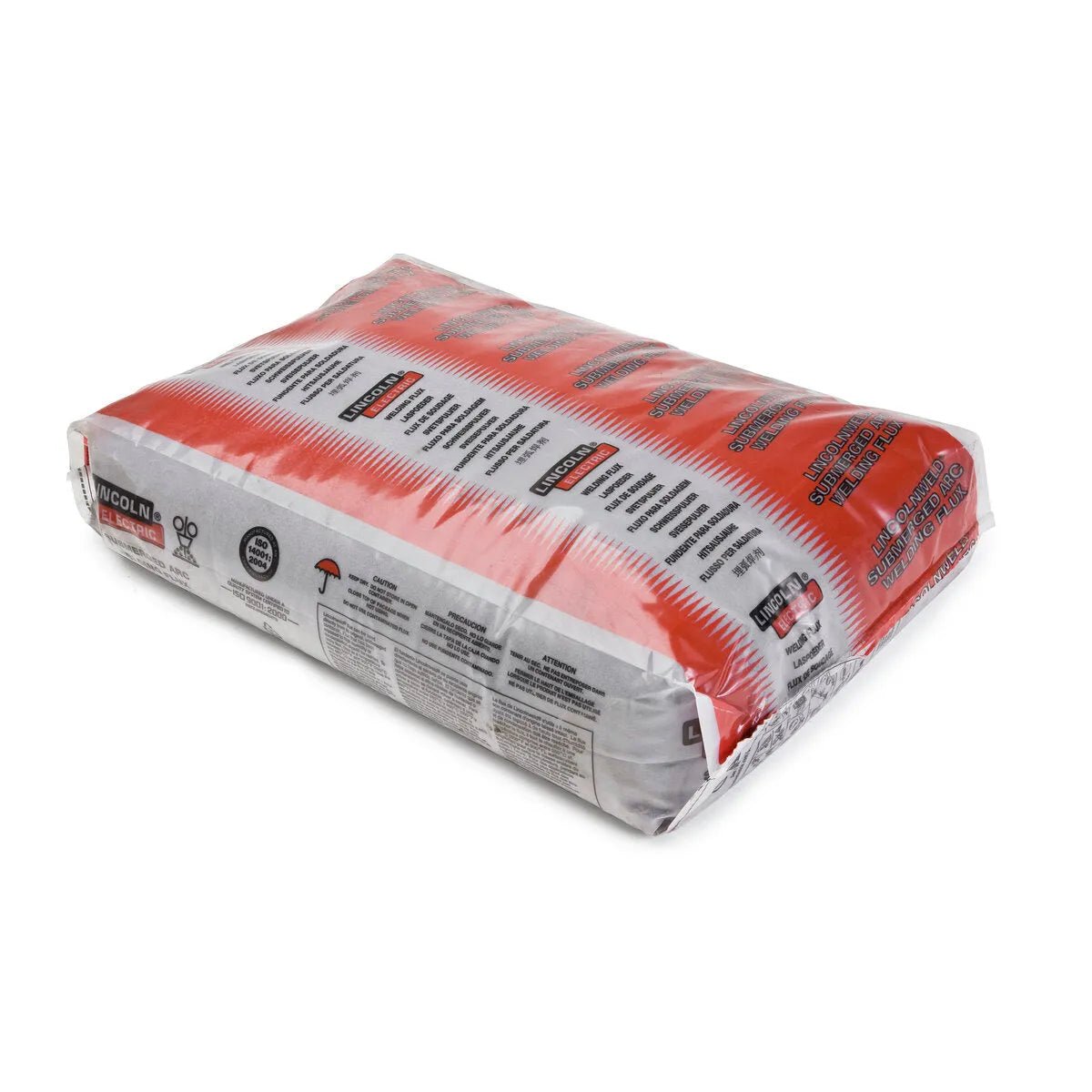 A sealed bag of Lincoln Electric welding electrodes with red and silver packaging, ideal for seam welding of pipe, shown lying flat on a white surface.
