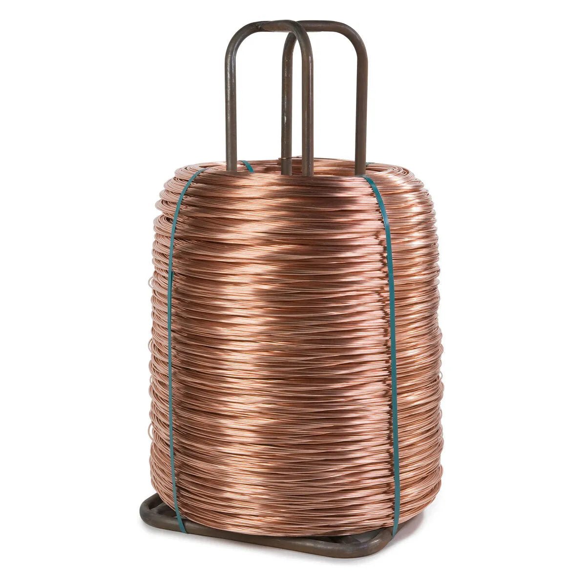 A large coil of shiny copper Submerged Arc Welding Wire, such as Lincolnweld L-70, is neatly wound around a metal frame with handles on top and a flat base, secured with two green plastic ties—ideal for pipe fabrication projects.