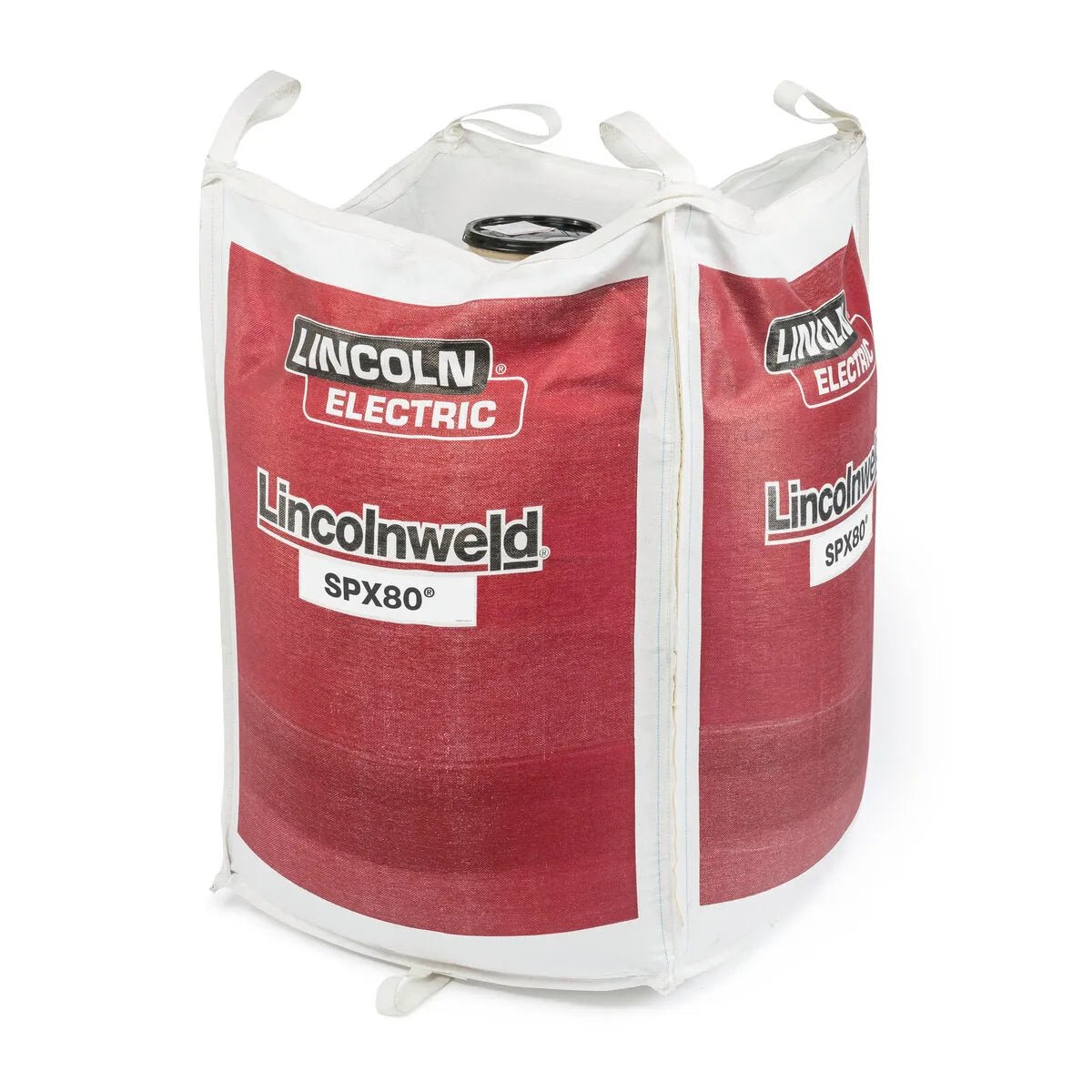 A large white bulk bag with red panels labeled Lincoln ED033319 Lincolnweld SPX80 Submerged Arc SAW Flux, 2600 lb Bulk Bag. Four lifting straps and a partially open top reveal black submerged arc welding flux inside.