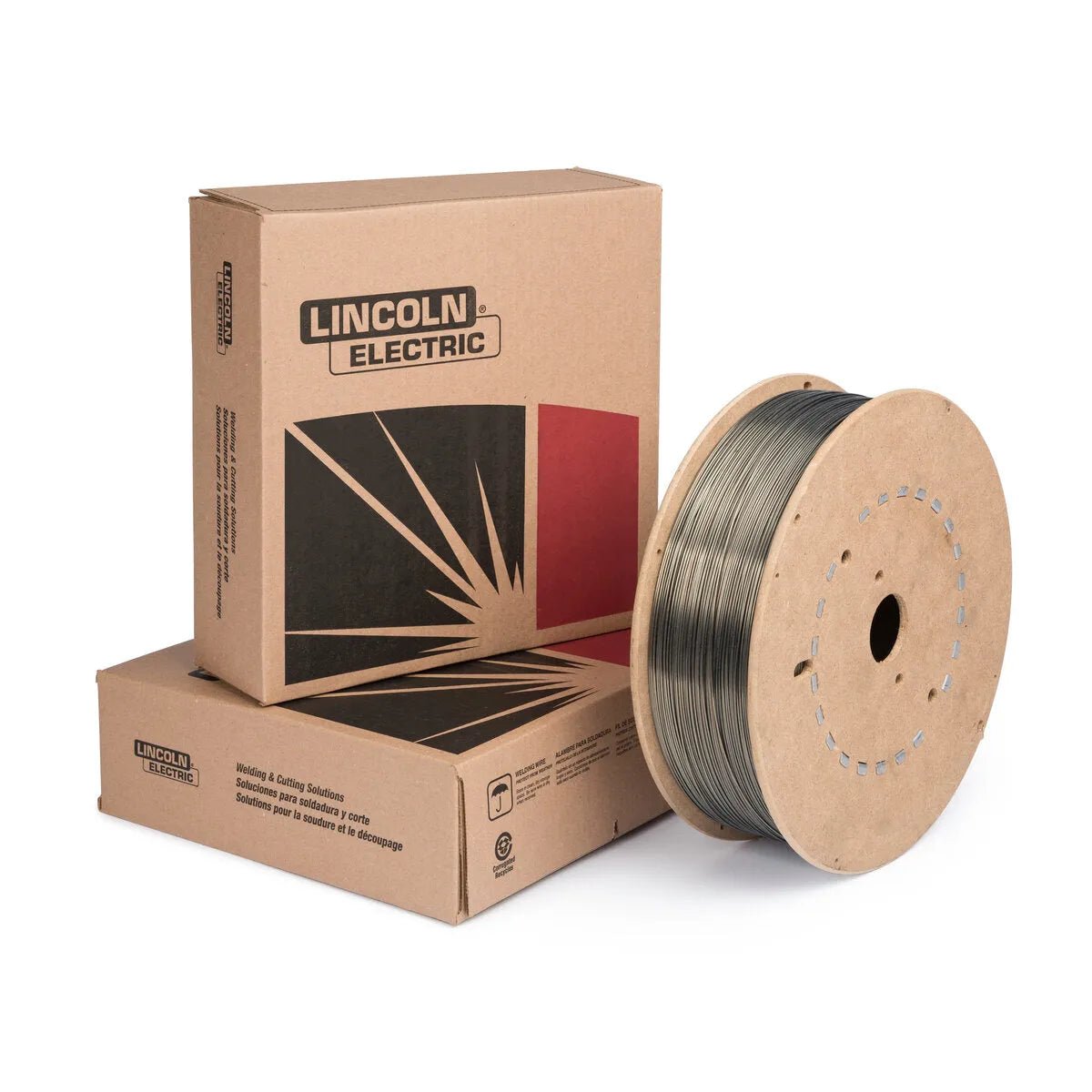 A 33 lb spool of Lincoln ED033755 UltraCore HD-C Flux-Cored FCAW-G Welding Wire (0.045 in) stands upright before two stacked brown Lincoln Electric boxes with bold black and red sunburst logos, all set against a white background.