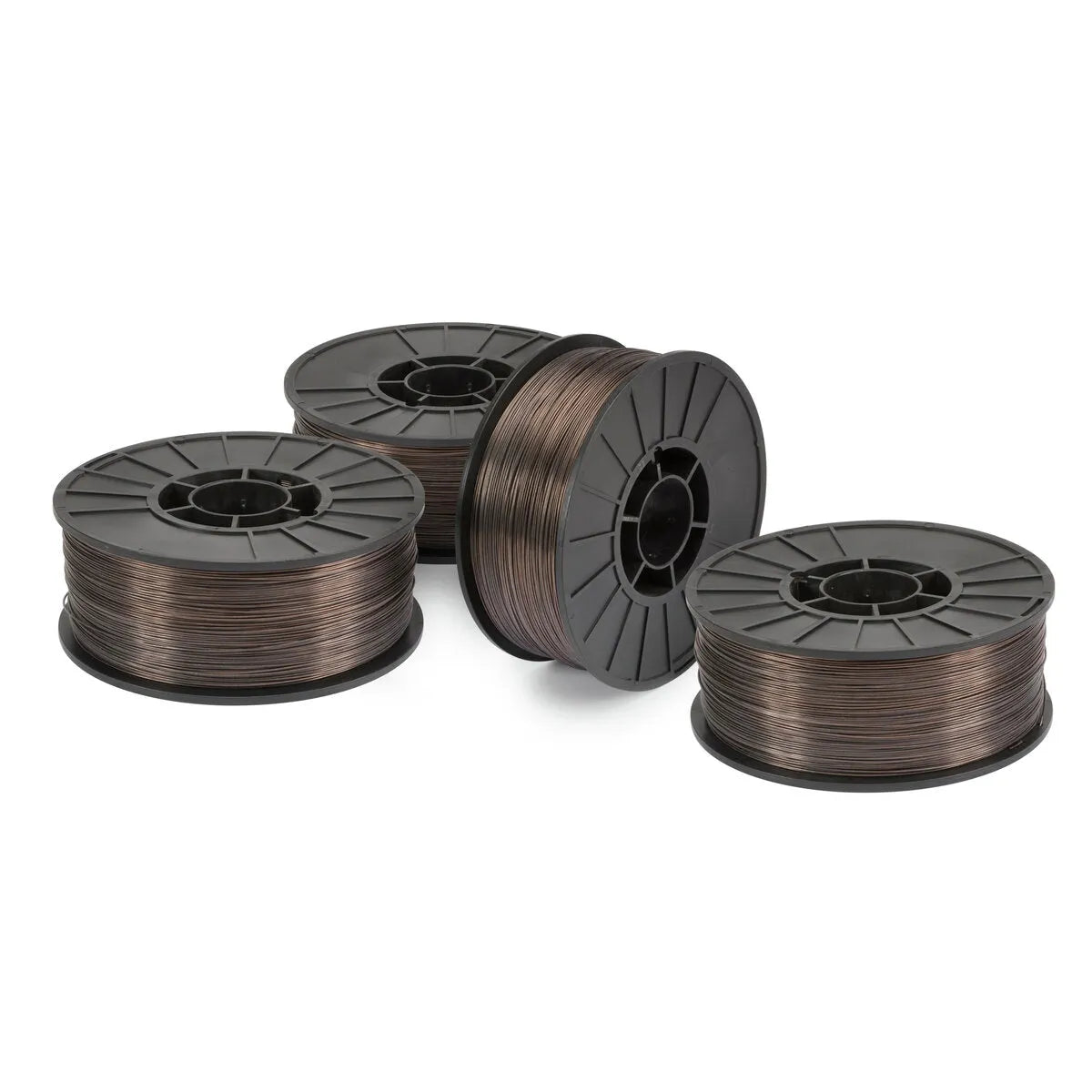 Four spools of dark-colored Lincoln UltraCore HD-C flux-cored welding wire are arranged on a white background. Three spools lie flat, while one stands upright, showcasing the coiled E71T1 FCAW-G filament.