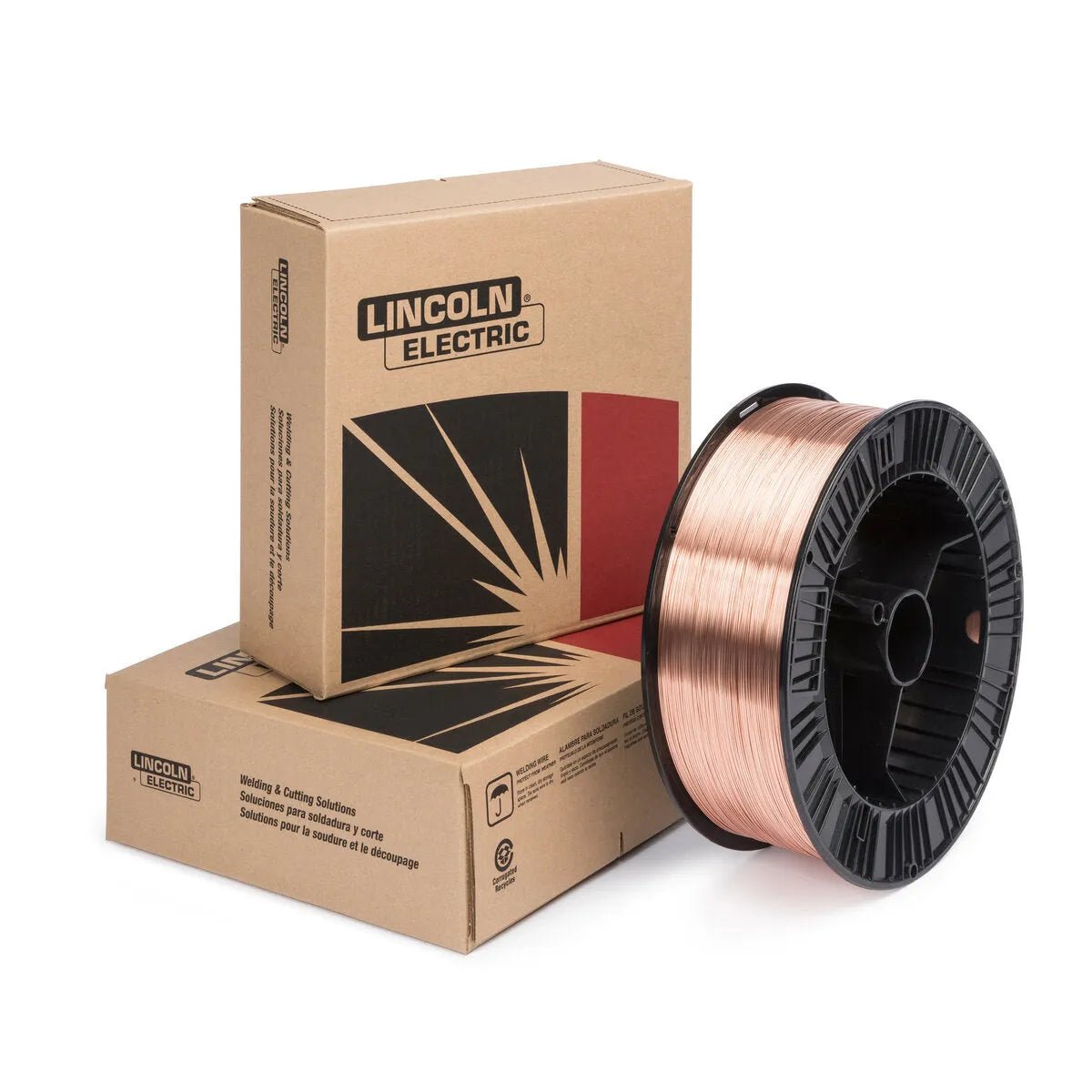 A 33 lb spool of Lincoln ED033949 SuperArc LA-75 MIG GMAW Mild Steel Welding Wire (0.035 in) is shown in front of two branded Lincoln Electric boxes. The copper-colored wire has a black plastic core and offers 80,000 psi tensile strength.