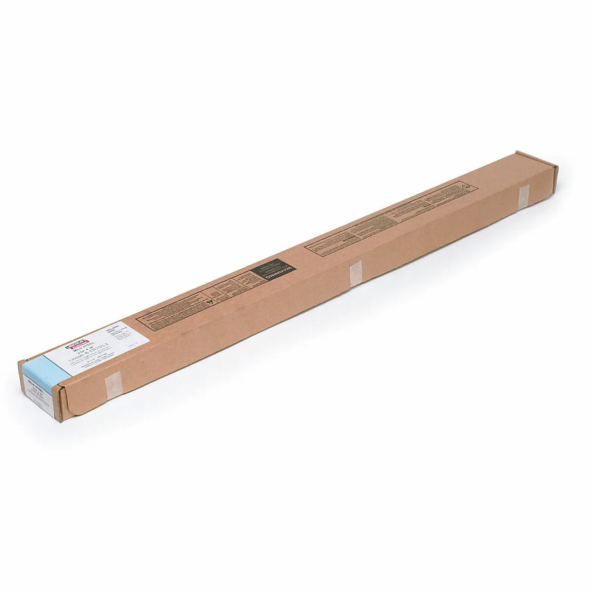 Shipping box for Lincoln ED033954 ER70S-2 TIG Welding Rods, 1/8" 10lb, with labels and tape, for WeldingMart welding equipment.
