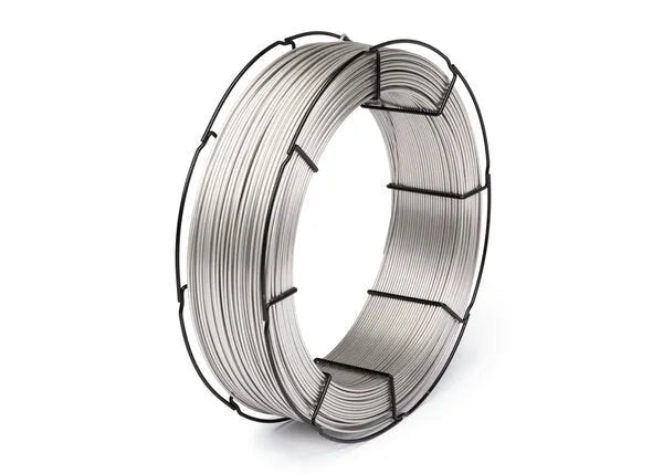 A 55 lb spool of Lincoln ED035168 Lincolnweld 309/309L Submerged Arc SAW Welding Wire, 3/32 in, is wound in a large coil with black metal ties and displayed against a plain white background.