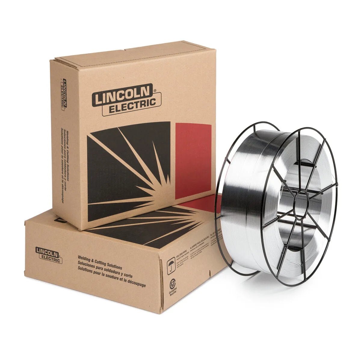 Lincoln ED035694 SuperGlaze HD 5183 aluminum MIG welding wire spool (1/16 in, 16 lb) with Lincoln Electric branded boxes behind.