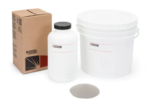 Lincoln ED035734 SHS 9172 Thermal Spray HVOF Powder 10 lb bottle with gray powder for welding abrasion-resistant coatings.