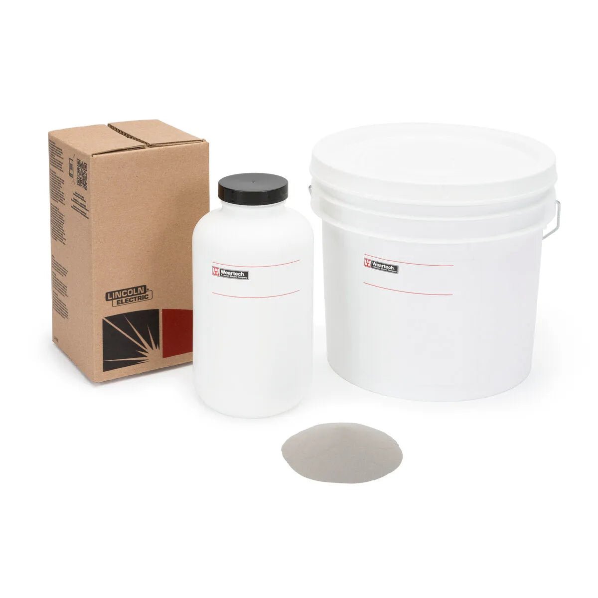 Lincoln ED035735 SHS 9172HV Thermal Spray Powder 25 lb pail with box, bottle, and gray welding powder sample for wear resistance.