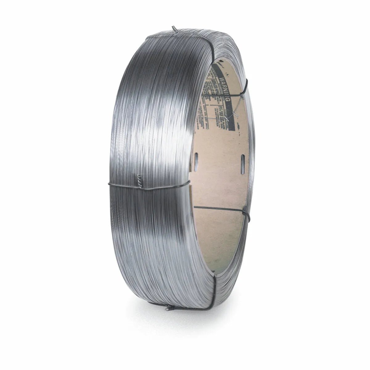 A 50 lb coil of Lincoln ED036012 Lincore 423N, 1/8 in metal-cored SAW wire is neatly wound around a circular cardboard core, secured by ties. Its smooth silver finish stands out against the plain white background.