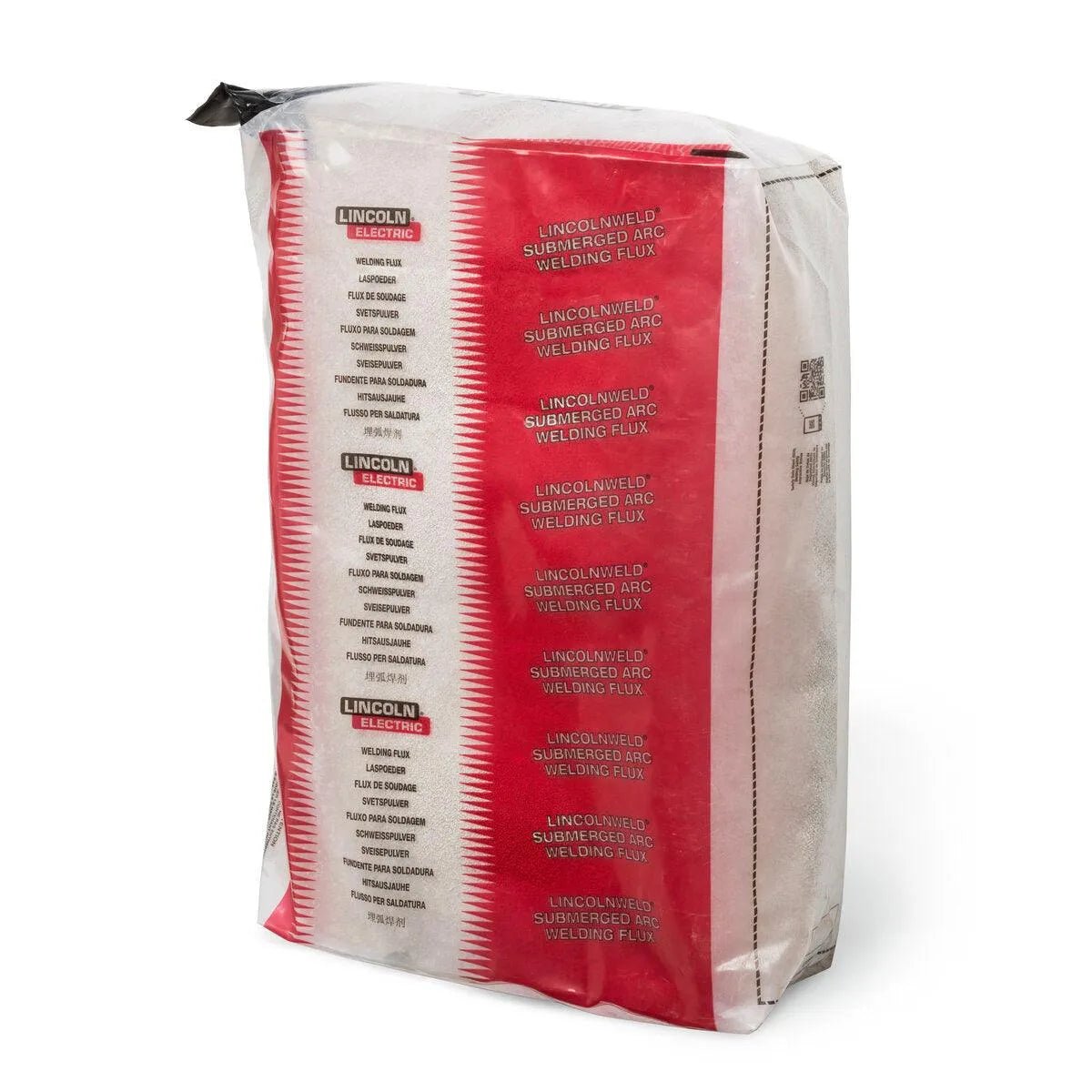 A white and red 50 lb plastic bag of Lincoln ED036223 Lincolnweld 822 Submerged Arc SAW Flux stands upright, featuring bold panels with English and Spanish product info and a sealed black top corner. Ideal for chrome-moly applications.