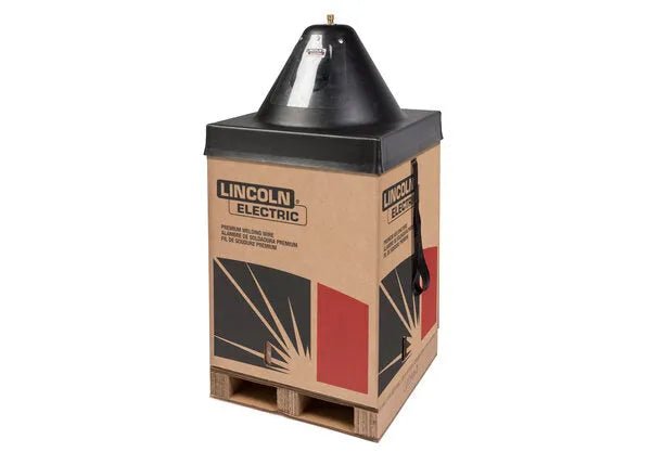 Lincoln SuperGlaze 4047 MIG Aluminum Welding Wire 3/64" 300lb box with black hood on pallet, WeldingMart equipment.