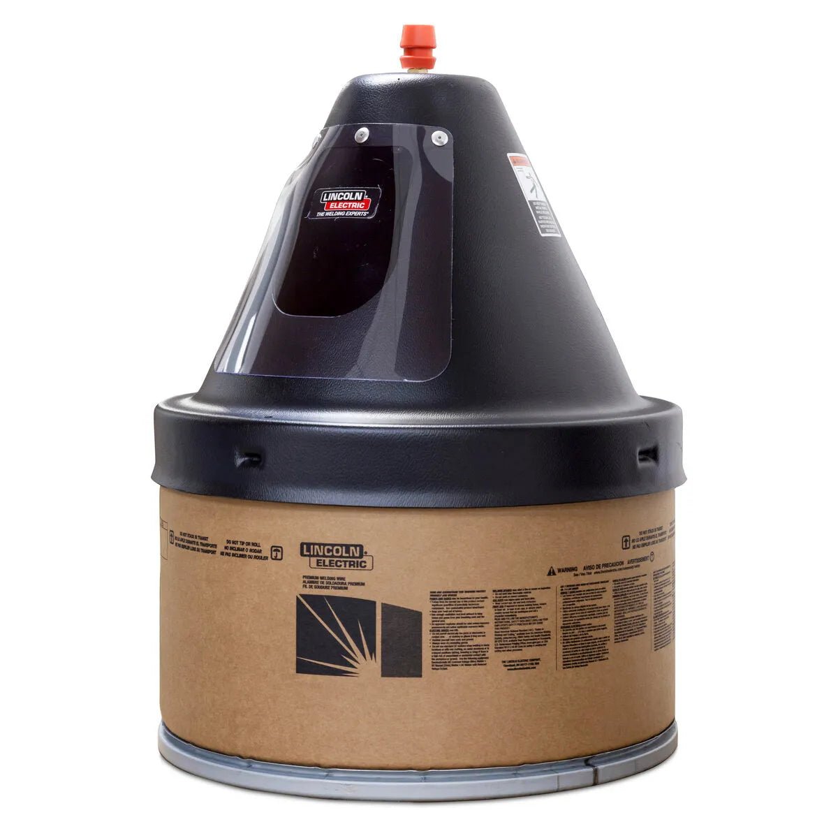 Lincoln ED036718 SuperGlaze 4043 MIG aluminum welding wire feeder for 6XXX alloys, with black top, red cap, cardboard base.