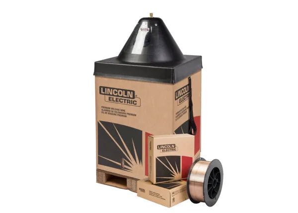 Lincoln SuperGlaze SiBR MIG Aluminum Welding Wire 0.040", 500 lb Gem-Pak Box with accessories on pallet at WeldingMart.