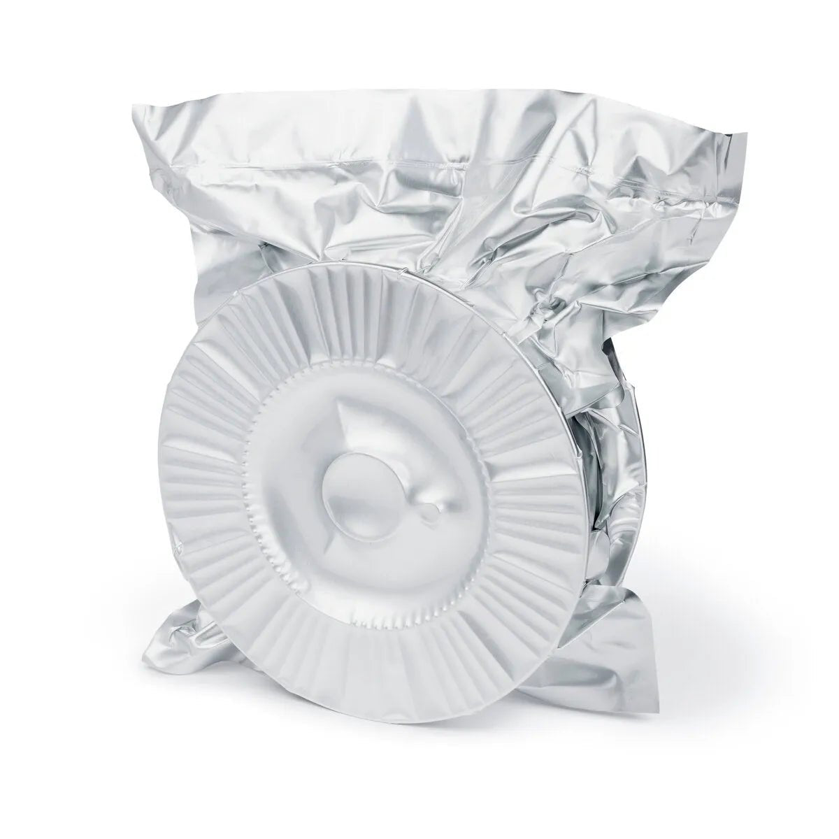 Vacuum-sealed silver package for Lincoln UltraCore 308L P Flux-Cored Welding Wire, stack of round fluted white paper plates inside.