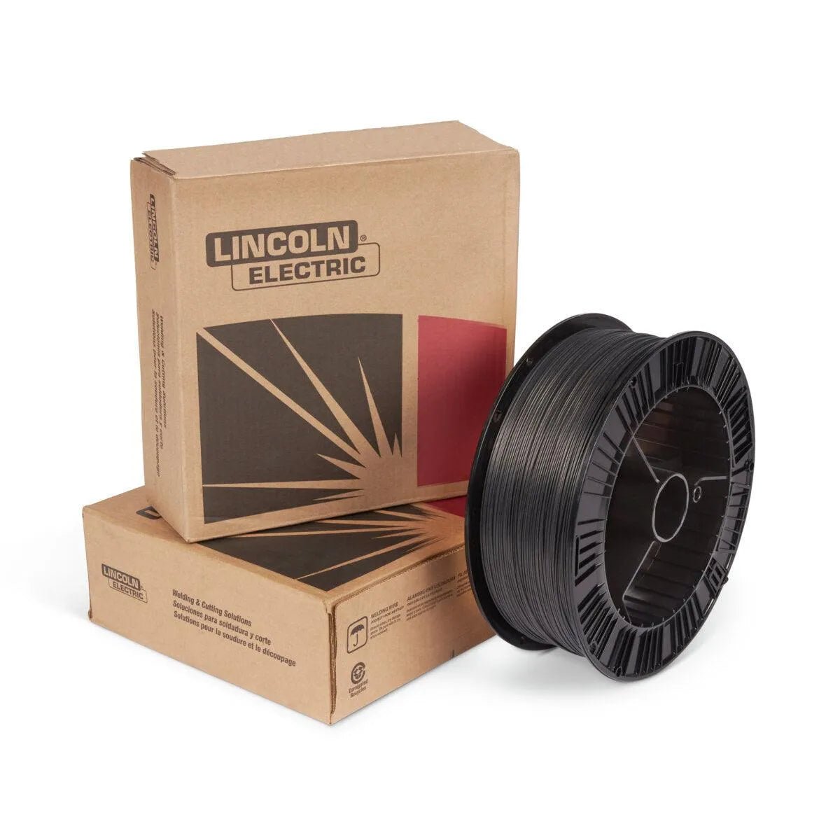 Lincoln ED037795 Lincore 57-G 0.045" welding wire, 25 lb spool with Lincoln Electric boxes for high-abrasion mining equipment repair.