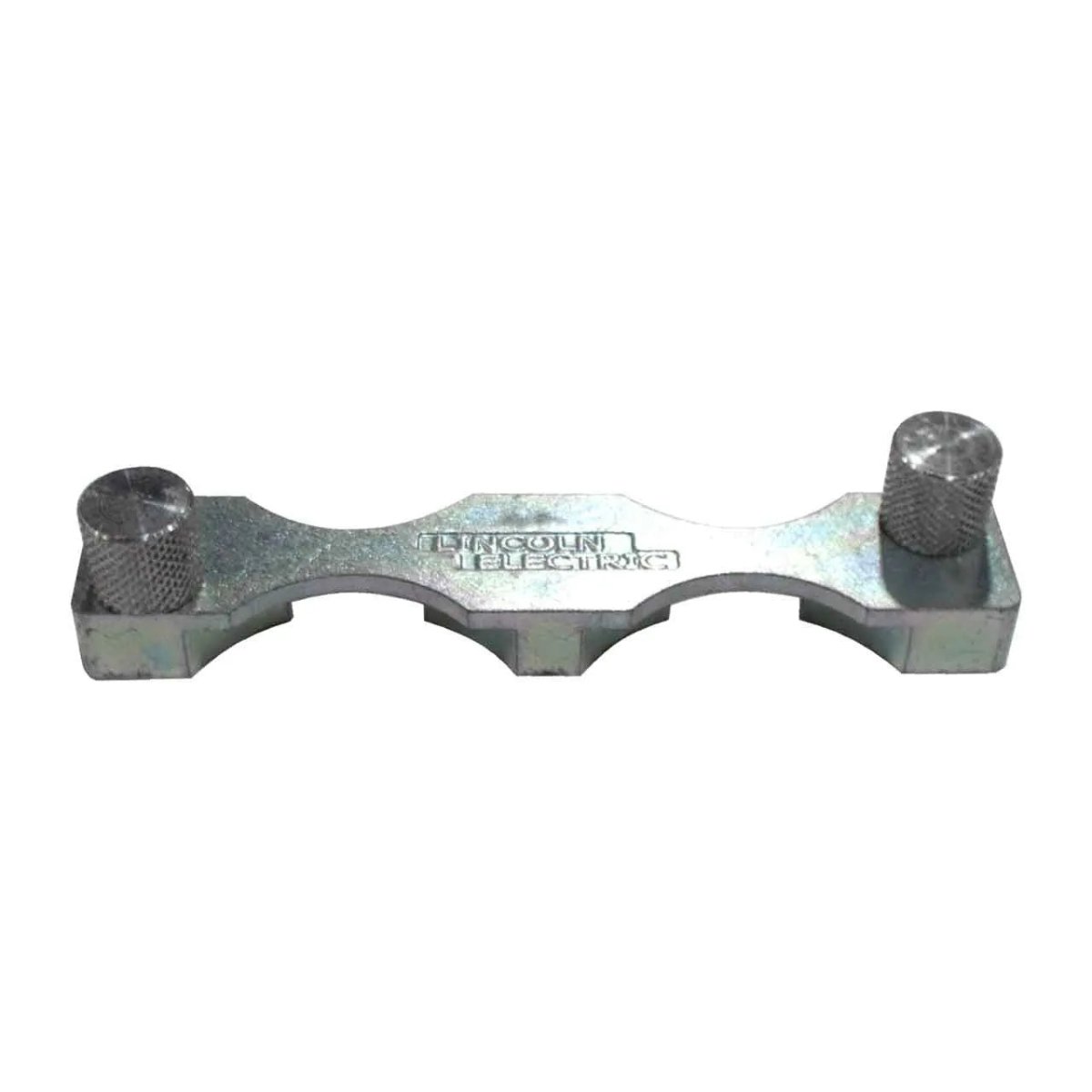 A silver metallic Lincoln Wire Guide Assembly Outer 4 Roll - KP2071-1 gauge tool with two knurled adjustment knobs, central engraved branding, and three rounded cutouts for measuring cable sizes—perfect for wire guide assembly use.