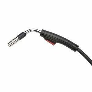 A close-up of the Lincoln MAGNUM PRO CURVE 250L GUN (15 FT) K3081-2 shows its curved metallic neck, black handle with red trigger, and attached black cable, all isolated on a white background.