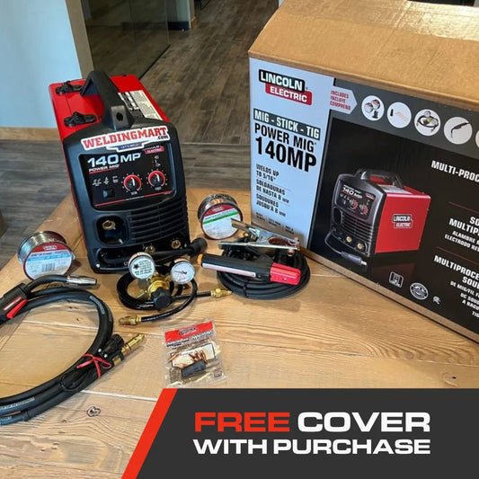 Lincoln Power MIG 140 MP Multi-Process Welder with cables, torch, gauges, accessories & box—free cover included—WeldingMart.