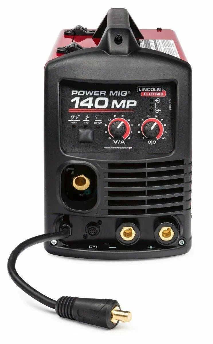 Lincoln Power MIG 140 MP Multi-Process Welder with control dials, labeled ports, and heavy-duty power cable—WeldingMart equipment.