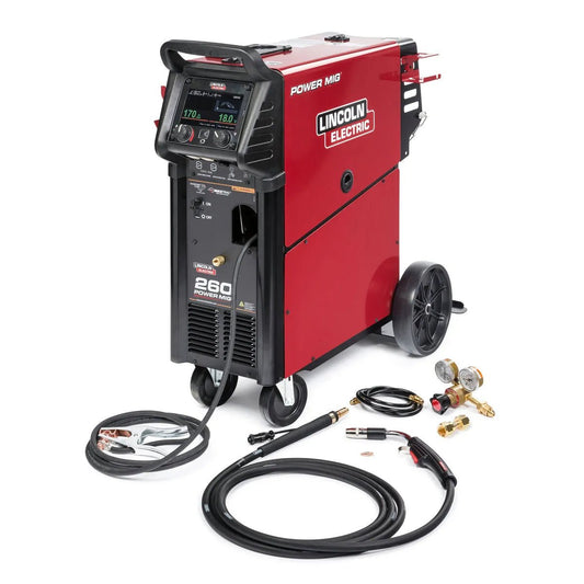 Lincoln Electric Power MIG 260 Welder (K3520-1) with cables, welding gun, clamp, and gaugesβMIG & Flux-Cored welding equipment.