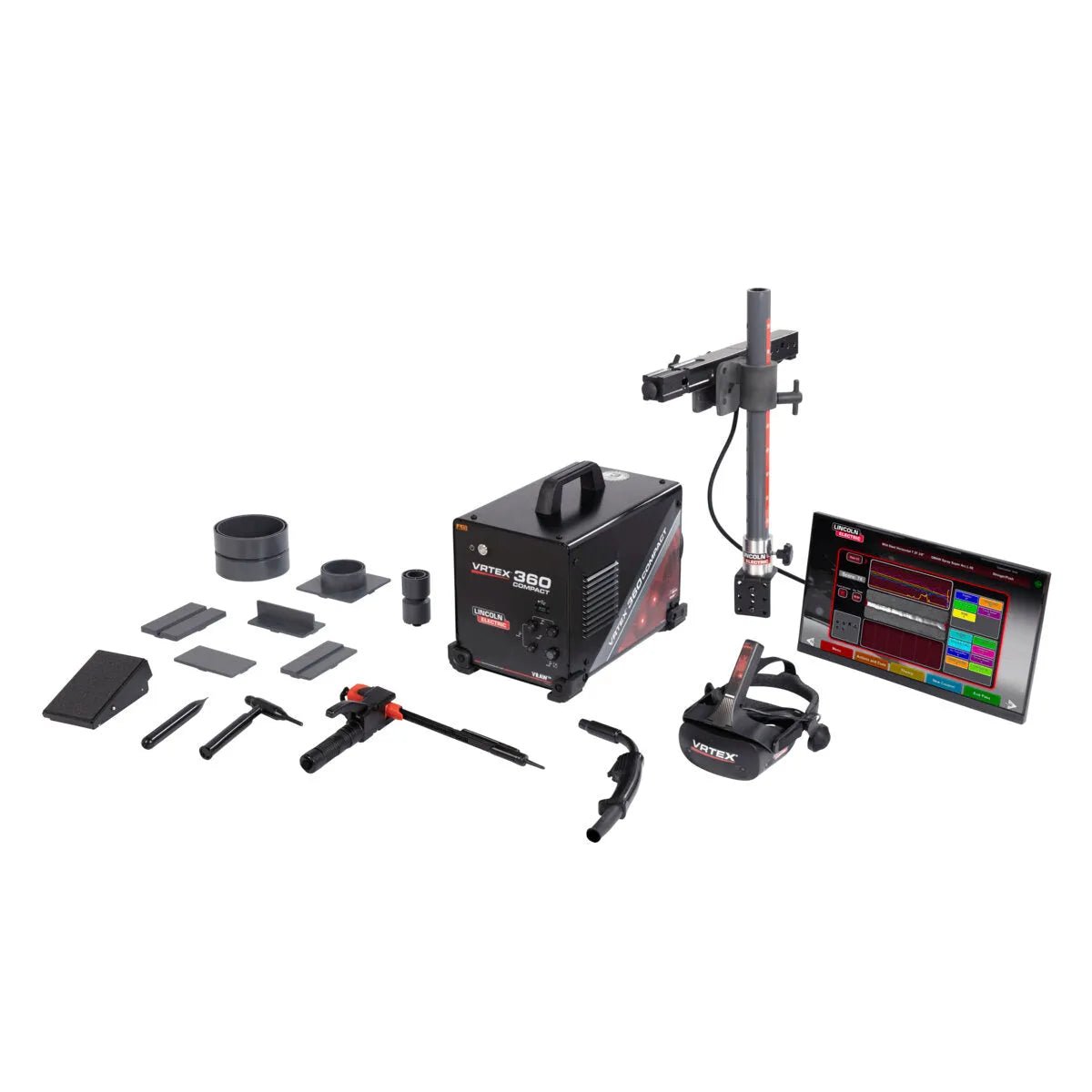 Lincoln Electric VRTEX 360 Compact K4914-1 welding seam inspection system with tools, monitor, and accessories on white background.