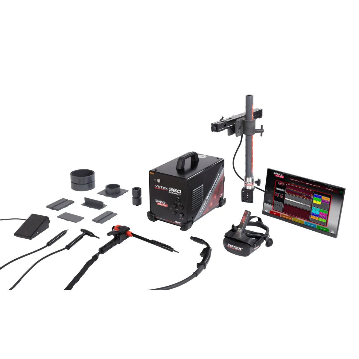 Lincoln Electric VRTEX 360 Compact K4914-1 welding training system with control unit, cables, foot pedal, probes, and monitor.