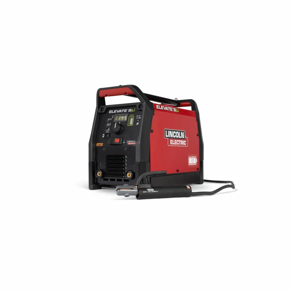 Lincoln Elevate SLi Battery Powered Welder K4706-1, red/black, digital display, welding torch. WeldingMart welding equipment.