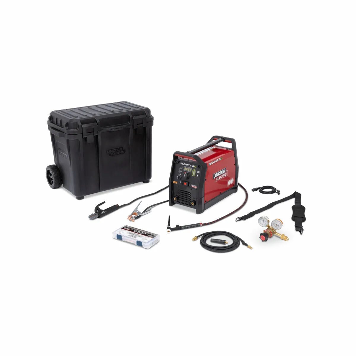 Lincoln Elevate SLi Battery-Powered TIG Welder K5624-1 with rolling case, cables, clamps, hose, regulator, and accessories.