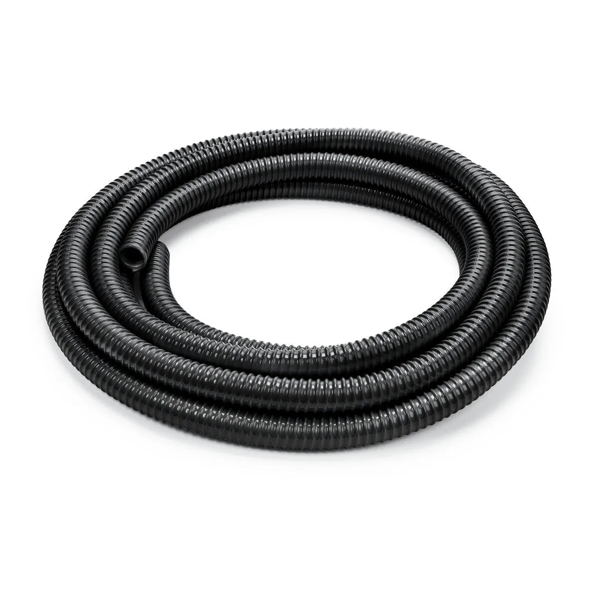 Lincoln Extraction Hose K4111-8, 1in x 8ft black corrugated welding accessory, coiled on white background from WeldingMart.