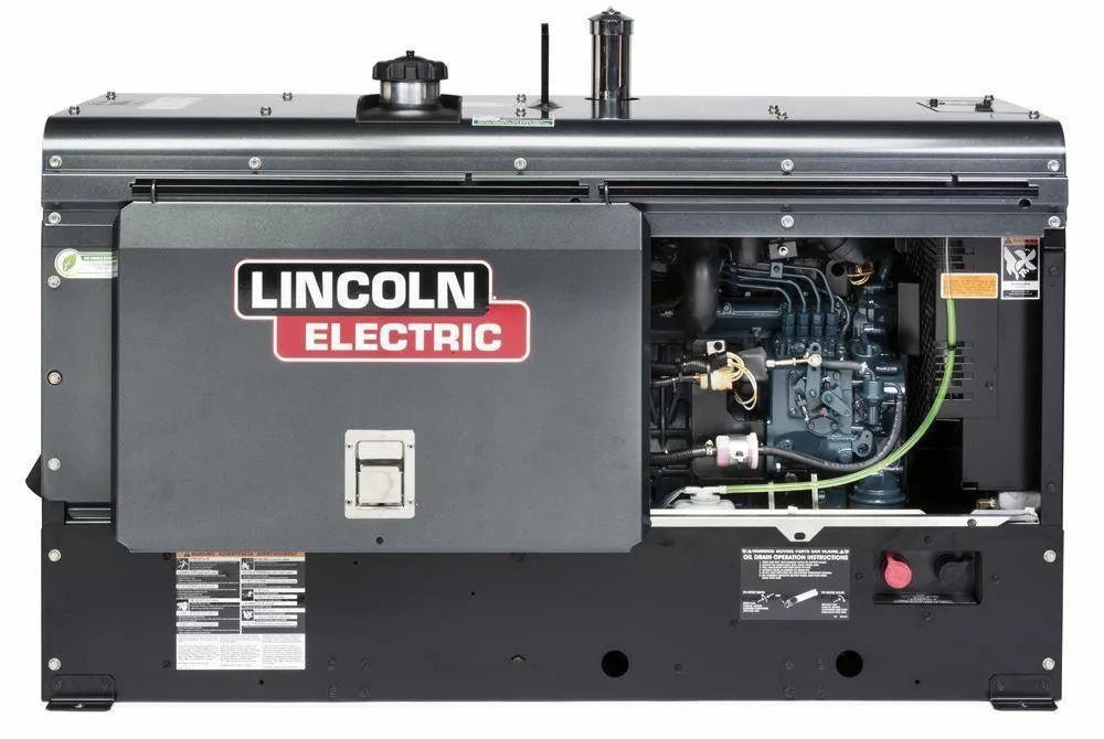 Lincoln Electric Cross Country 300 Kubota Engine Drive Welder U4166-1 for sale at WeldingMart, side panel open showing components.