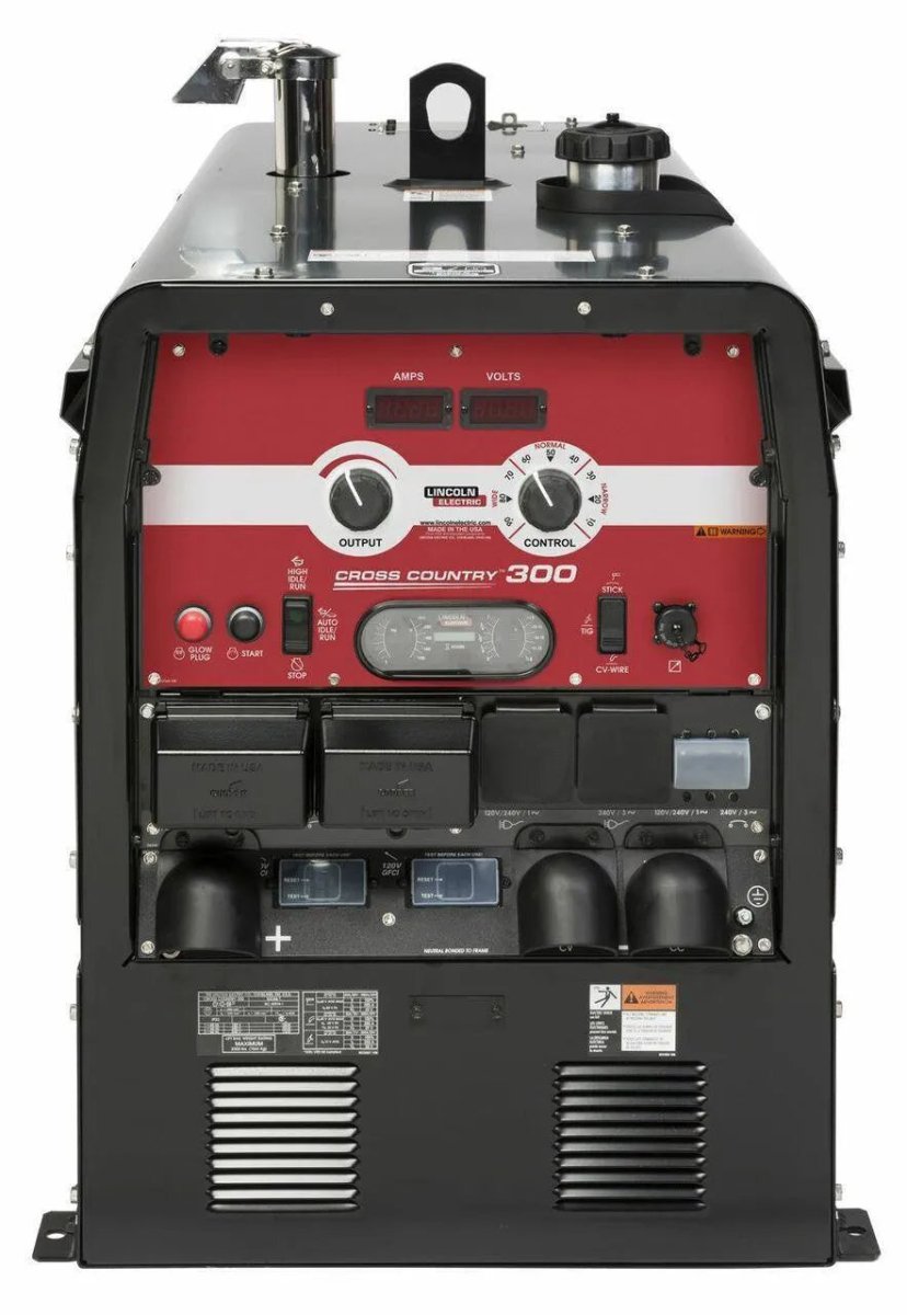 Lincoln Cross Country 300 Kubota engine drive welder, front view with control panel, dials, switches, outlets—pipeline welding tool.