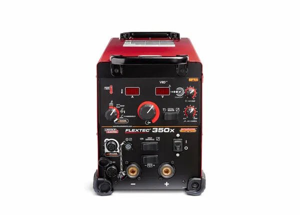 Lincoln Flextec 350X Power Connect U4273-1 welder, red and black, demo, control knobs, ports, welding equipment at WeldingMart.
