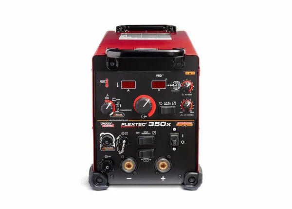 Lincoln Flextec 350X Power Connect U4273-1 multi-process welder, red/black, control panel and connectors. WeldingMart equipment.