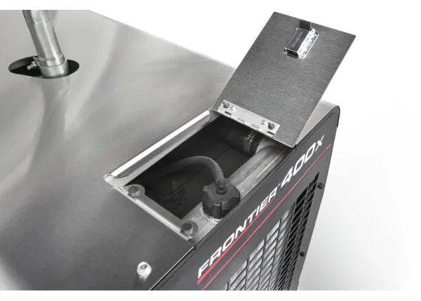 Lincoln Frontier 400X demo welder with Kubota engine, open lid revealing internal welding components, silver, black, red accents.