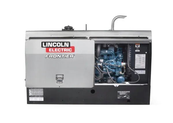 Lincoln Frontier 400X Factory Demo Welder Kubota U3484-2 with open panel showing engine, components, logos & controls. WeldingMart.