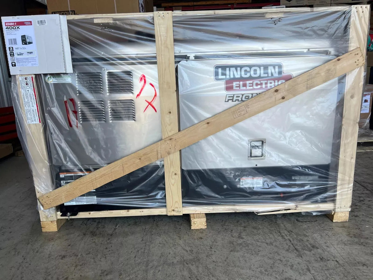 Lincoln Frontier 400X Perkins welder demo unit (U3484-1), factory-sealed in plastic and wood frame, ready for shipment at WeldingMart.