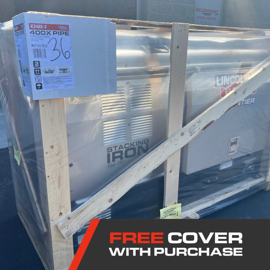 Lincoln Frontier 400X Pipe Engine Welder Kubota U3485-2 crated outdoors, Free Cover With Purchase sign for WeldingMart buyers.