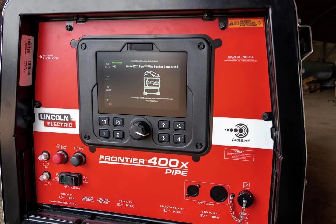 Lincoln Frontier 400X Pipe Perkins Welder/Generator demo control panel with digital screen, switches, and labels—WeldingMart tools.