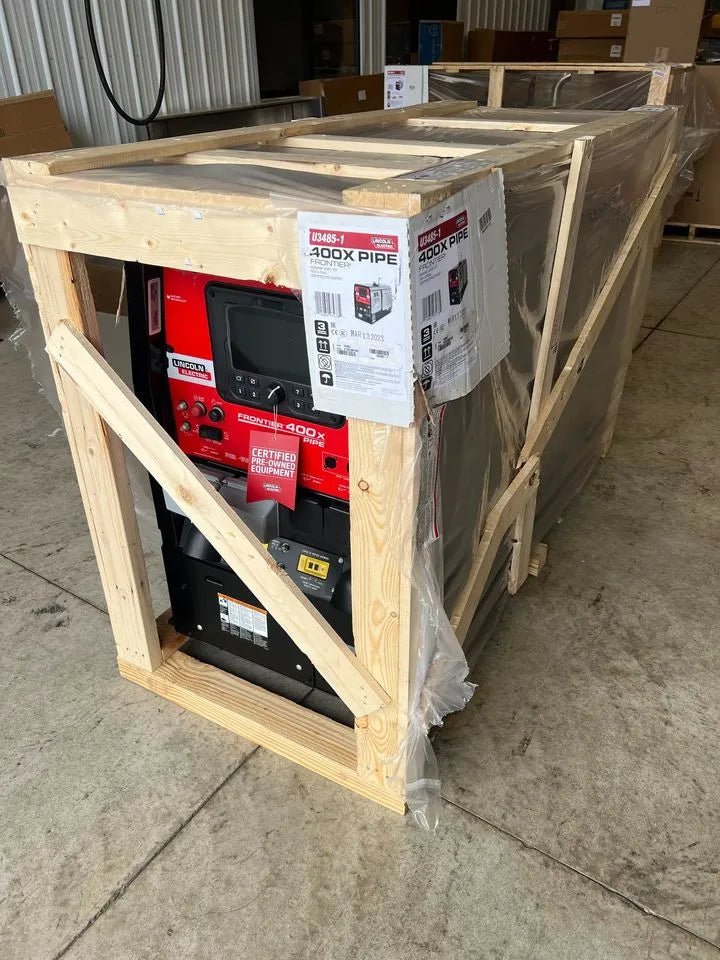 Lincoln Factory Demo Frontier 400X Pipe Perkins Welder/Generator (U3485-1) in crate, welding equipment on concrete at WeldingMart.