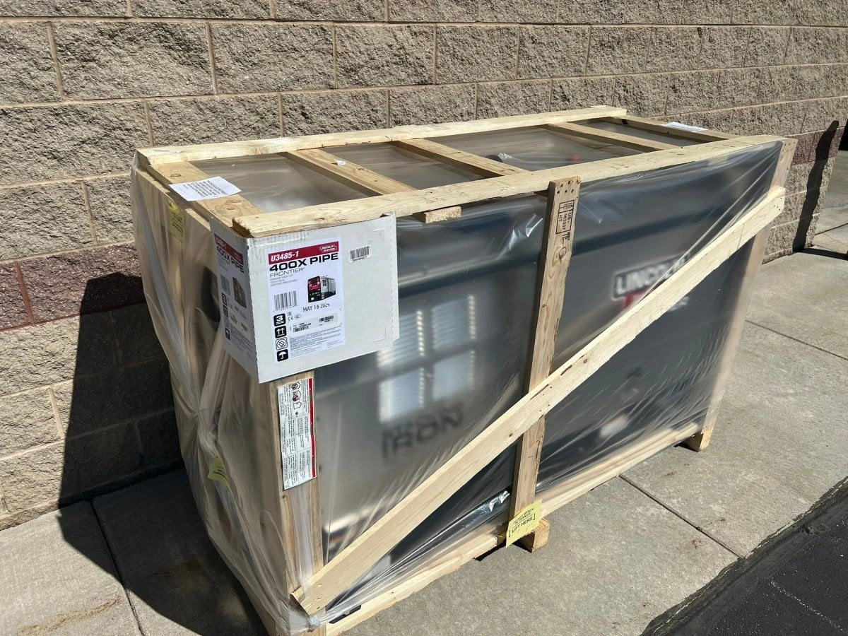 Lincoln Frontier 400X Pipe Perkins welder/generator (U3485-1), crated for shipping, ideal welding equipment for pipe jobs.