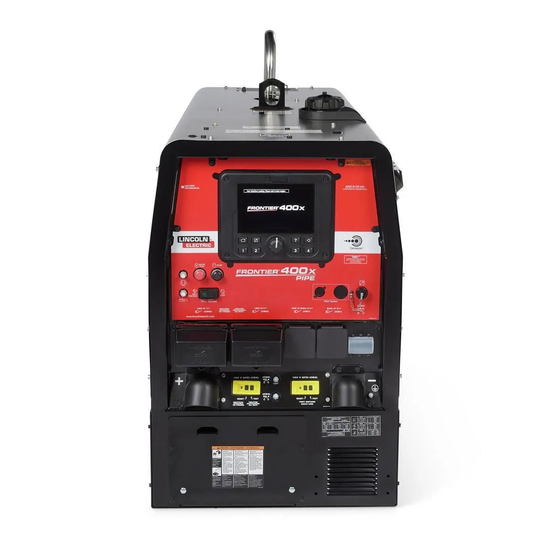Lincoln Factory Demo Frontier 400X Pipe Perkins Engine-Driven Welder/Generator with control panel, welding tools, and digital displays.