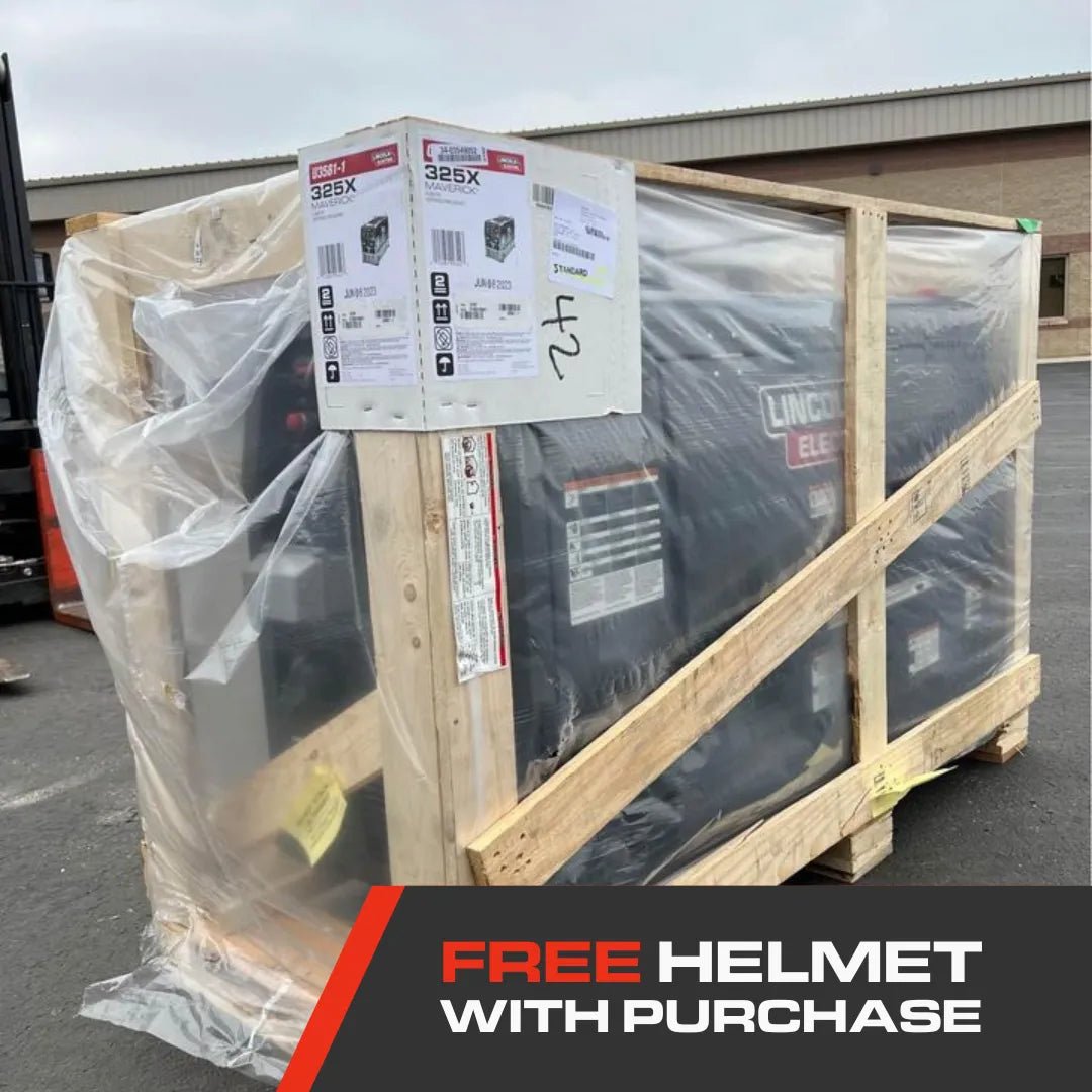 Lincoln Maverick 325X Kubota welder in crate, wrapped for shipping; WeldingMart promo sign: Free helmet with welder purchase.