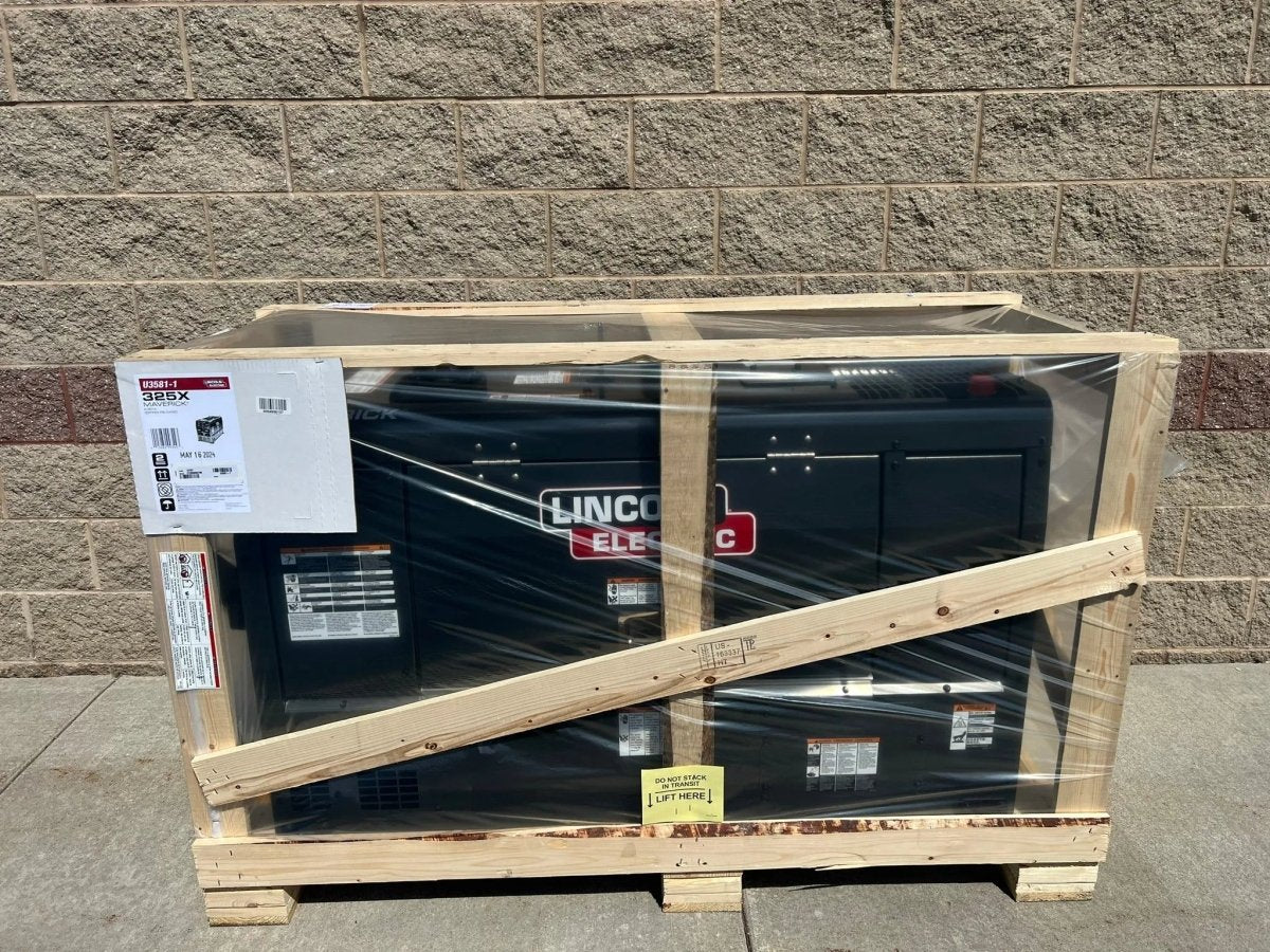 Lincoln Maverick 325X Engine-Driven Welder Kubota in crate, wrapped for shipping, WeldingMart welding equipment and tools.
