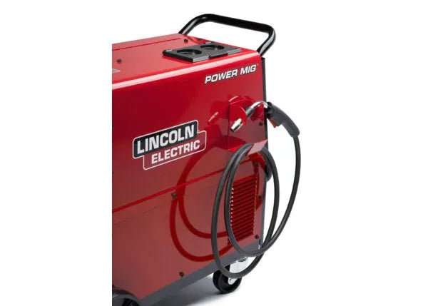 Lincoln Power MIG 256 Factory Demo Welder U3068-1 on wheels with handle, control panel, welding torch, and cable—WeldingMart equipment.