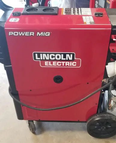 Lincoln Power MIG 360MP Multi-Process Factory Demo Welder (U4467-1) on cart with cables, red finish, multi-process welding tool.