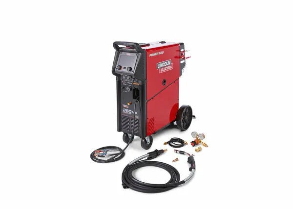 Lincoln Power MIG 360MP Multi-Process Welder U4467-1 with display, wheels, welding cables, and accessories at WeldingMart.