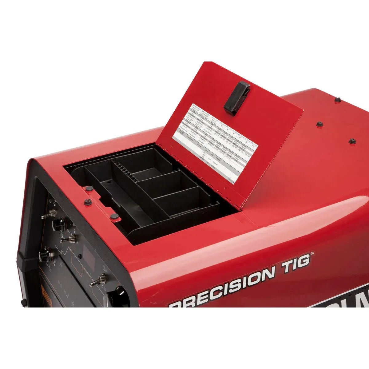 Lincoln Precision TIG 275 Welder Ready-Pak with open top storage, divided compartments, chart, and “PRECISION TIG” label.