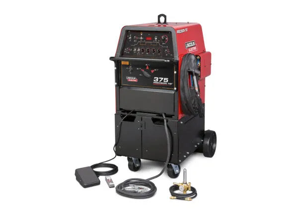 Lincoln Precision TIG 375 Ready-PAK (U2624-1) welding machine with cables, foot pedal, and accessories on white—WeldingMart.