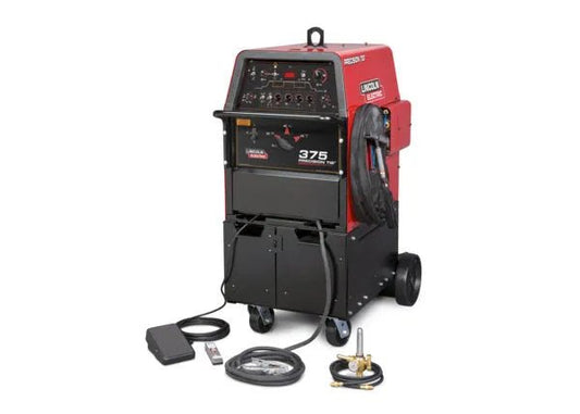 Lincoln Precision TIG 375 Ready-PAK (U2624-1) welding machine with cables, foot pedal, and accessories on white—WeldingMart.