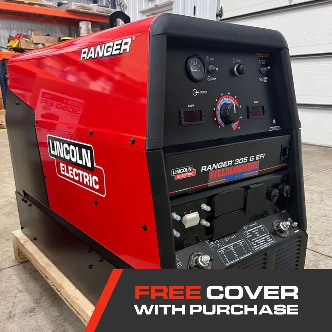 Lincoln Factory Demo Ranger 305 G EFI Engine Driven Welder Kohler U3928-1 in red on pallet, free cover offer, WeldingMart garage.