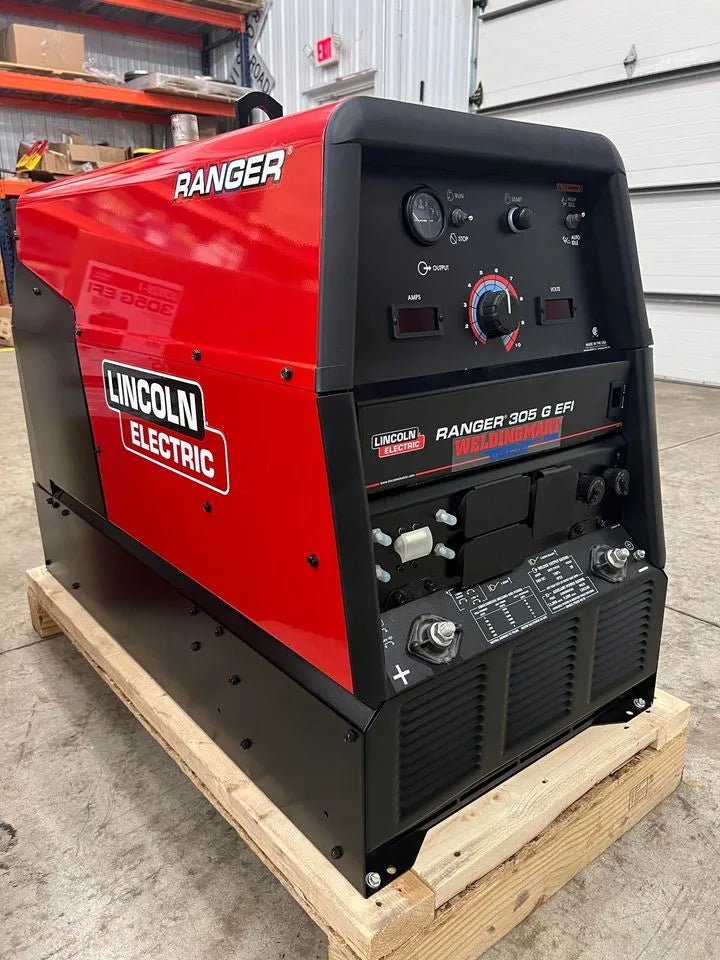 Lincoln Ranger 305 G EFI Engine Driven Welder Kohler U3928-1, red/black, on pallet in workshop—WeldingMart welding equipment.